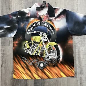 VTG Orange County Choppers All Over Print Tribal Flames Motorcycle Button Shirt